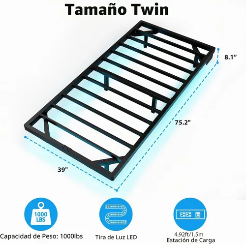Vista 2 de Base de cama flotante de tamaño individual con luces LED y estación de carga, cama moderna de plataforma de metal, resistente, fácil montaje,