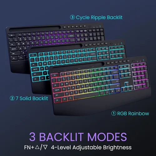 Vista 2 de Combo de teclado y mouse inalámbricos: teclado recargable VEILZOR 2.4G con soporte para teléfono, reposamuñecas ergonómico, 9 efectos