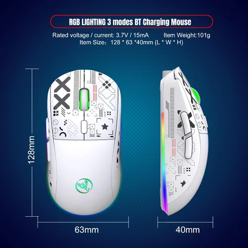 Vista 7 de HXMJ Ratón Bluetooth multidispositivo, mouse inalámbrico recargable para juegos, 3 modos (BT5.0, BT3.0 y USB 2.4GHz), 3600 DPI, retroiluminación RGB