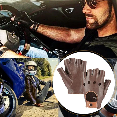 Vista 3 de Guantes de conducción de cuero sin dedos para hombre, guantes de motocicleta sin forro