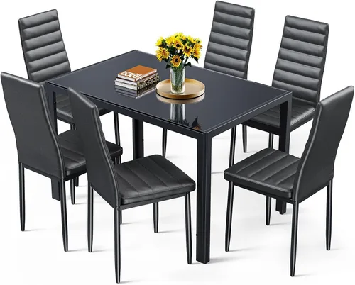 Vista 10 de Bealife - Juego de mesa de comedor de cocina para 6, vidrio templado Blanco