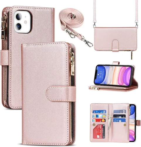 Vista 11 de Funda cruzada para iPhone 11 con correa, 6.1 pulgadas, color negro for Women Men,Credit Card Holder,9 Card Slots,Purse,Long Shoulder Lanyard,Short