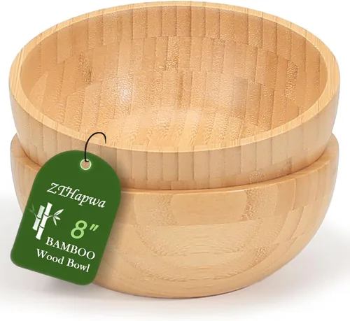 Vista 11 de Tazones de madera de bambú, cuenco redondo de 6 pulgadas para ensaladas, frutas, pasta, verduras, cuenco de sopa poco profundo artesanal de 17 onzas