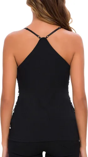 Vista 2 de Maner - Camiseta sin mangas, de lentejuelas brillantes, para mujer, con tirantes delgados, para fiestas