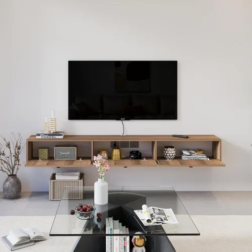 Vista 2 de Estante flotante de madera maciza para TV, armario de TV montado en la pared de 63 pulgadas, estantes flotantes con 3 puertas, centro de consola