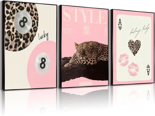Vista 10 de Arte de pared de guepardo rosa, lienzo Y2K, decoración de pared, póster de guepardo moderno, estampado de leopardo rosa, decoración de habitación
