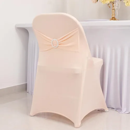 Vista 41 de Efavormart - Funda para silla de banquete de elastano beige con banda de hebilla de diamantes de imitación plateados, funda elástica para silla