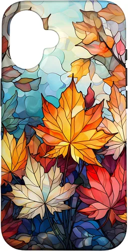 Vista 31 de iPhone 15 Otoño hojas de arce vitrales estilo abstracto caso