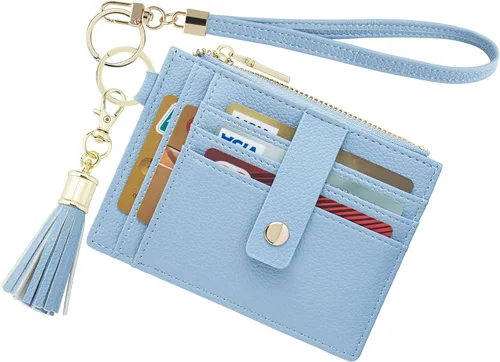 Vista 15 de Cartera con llavero para mujer, delgada, con bloqueo Rfid, tarjetero para tarjetas de crédito, cartera de identificación con cremallera, cartera