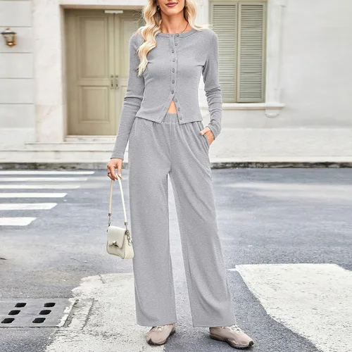 Vista 3 de Conjunto de 2 piezas para mujer, conjunto de descanso de otoño e invierno, con botones, manga larga, ajuste delgado, pantalones de pierna ancha