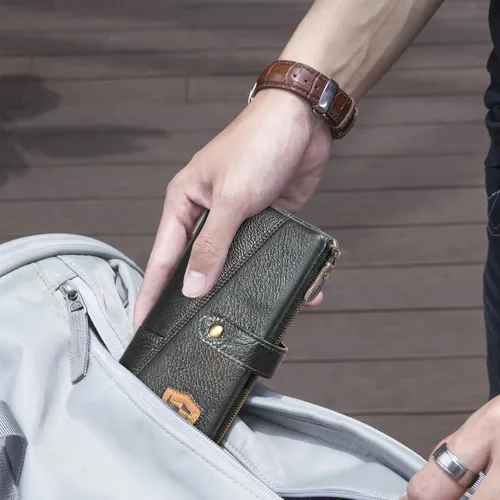 Vista 7 de Handadsume Genuino caballo loco cuero viaje regalo moneda bolsillo tarjeta caso largo organizador cadena Rfid monedero con broche para hombres