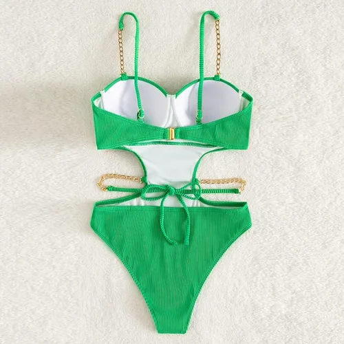 Vista 3 de YAUASOPA Conjunto de bikini de una pieza con correa de metal y corte sexy para mujer, Metálico