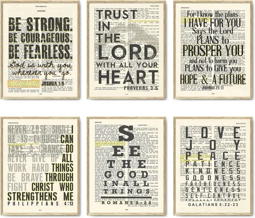 Vista 5 de Impresiones artísticas de página bíblica cristiana vintage, juego de 6, sin marco, Josué 1:9, Proverbios 3:5, Jeremías 29:11, Romanos 8:28, Gálatas