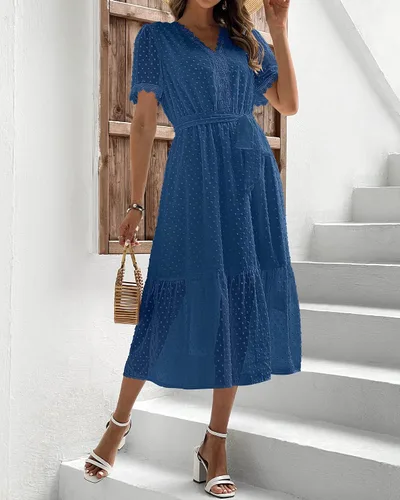 Vista 3 de BTFBM Vestido midi bohemio de verano 2023 para mujer, manga corta, cuello en V, punto suizo, cinturón, cintura alta, volantes, escalonado