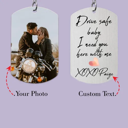 Vista 2 de IZI POD Drive Safe I Love You, llavero de fotos personalizado para parejas, llavero de acero personalizado, regalo del día de San Valentín para él