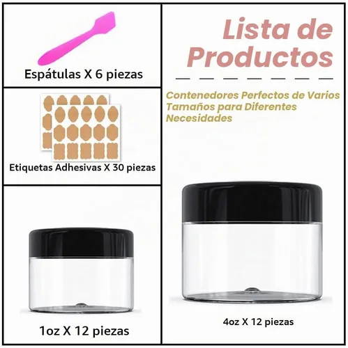 Vista 4 de 12 recipientes de plástico de 4 onzas con tapas + 12 recipientes pequeños Tapas negras
