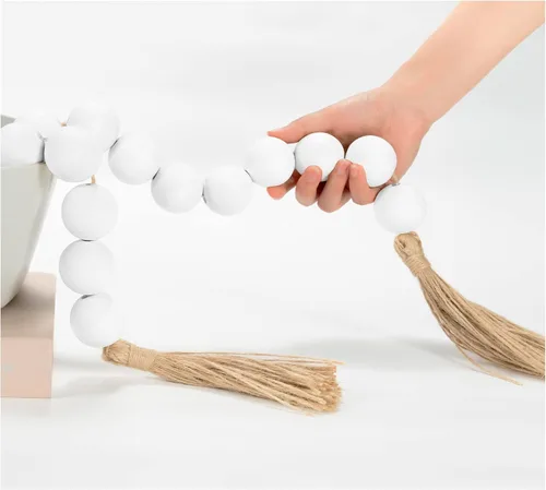 Vista 14 de OMISHE Guirnalda de cuentas de madera extra grande con cuentas de madera y borlas de 1.6 pulgadas de diámetro, cuentas decorativas rústicas de 41