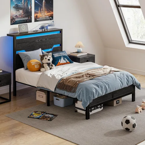 Vista 5 de Homkdom Twin Size Bed Frame with LED, Headboard Shelf & USB Ports