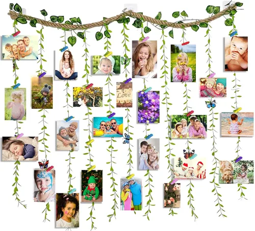 Vista 8 de Expositor de fotos para colgar en la pared con clip, juego de collage de marcos de fotos de hojas de árbol de vid artificiales con 40 clips y 8