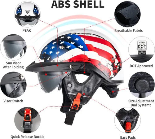 Vista 6 de VCOROS VHF04 - Casco de motocicleta para adultos, estilo retro, con cara abierta Adult Vintage Cruiser Motorcycle Helmet Retractable Sun Visor DOT