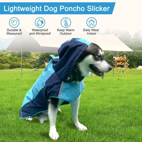 Vista 2 de Impermeable para perro, chaqueta impermeable para perro, chaqueta reflectante para perro con capucha, poncho ligero para perro, abrigo de lluvia Azul