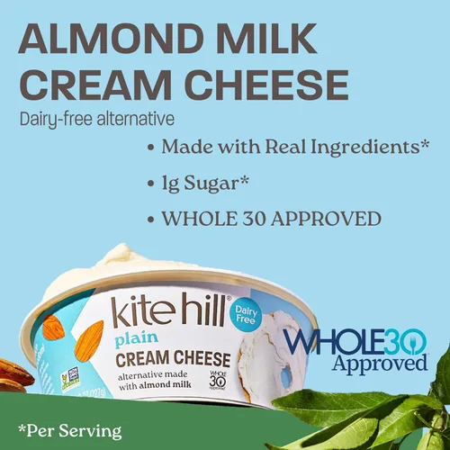 Vista 4 de Kite Hill - Crema de leche de almendra estilo queso untar, 8 onzas, sin lácteos, Aprobado para Whole 30, sin gluten, sin OGM, vegano