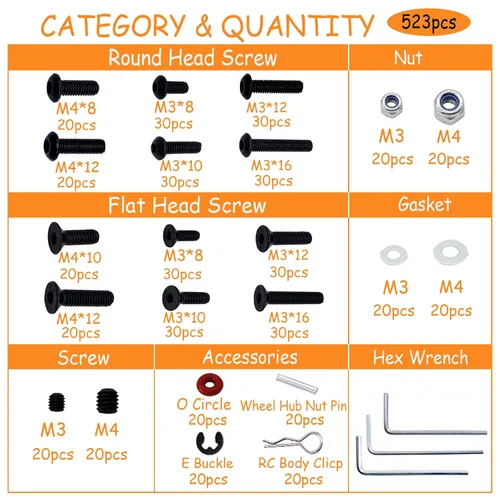 Vista 2 de 520 piezas de kit de tornillos RC universales, conjunto de surtido de tornillos, sujetadores de hardware para camiones y coches RC Crawler Traxxas
