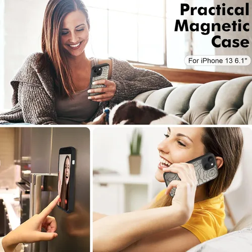 Vista 6 de CASEOWL Camellia - Funda de piel vegana en relieve compatible con iPhone 13, magnética, desmontable, delgada, funda protectora de TPU para iPhone