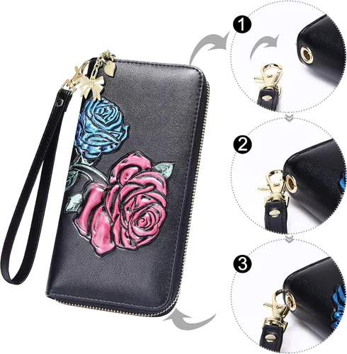 Vista 6 de FEITH & FELLY - Cartera con bloqueo RFID para mujer, de cuero grabado en relieve, talla única