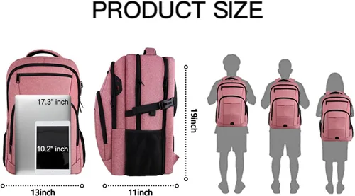 Vista 5 de Mochila de viaje grande, mochila grande para laptop de 17 pulgadas para hombres y mujeres con puerto de carga USB, Rosado, Rosa clásico