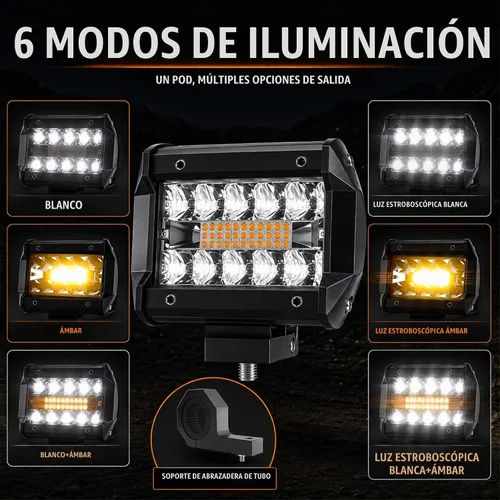 Vista 3 de ASLONG 4 unidades de luces LED estroboscópicas de 4 pulgadas, blanco/amarillo ámbar, barra de luz LED antiniebla de conducción con abrazadera