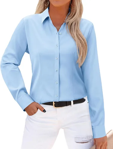 Vista 23 de Gleeivy - Camisas abotonadas para mujer, sin arrugas, de manga larga, camisas de vestir casuales con cuello V, ajustadas, de un solo
