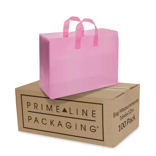 Vista 14 de Prime Line Packaging Bolsas de regalo rosadas, bolsas de tote de plástico esmerilado con asas para pequeñas empresas, golosinas, compras, cumpleaños