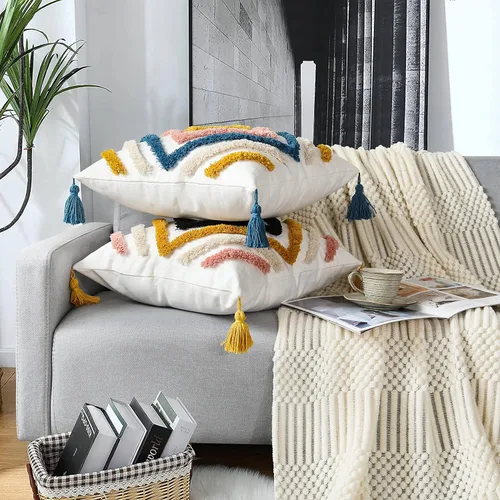 Vista 5 de JASEN Fundas de almohada bohemias, fundas de almohada decorativas tejidas con borlas y patrón de diamantes para sofá, dormitorio, sala de estar, sin
