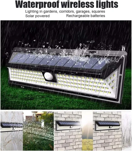 Vista 8 de Walfront Luz solar de pared con sensor de movimiento, 118 LED, 3 modos de iluminación, luz de seguridad impermeable para exteriores, para patio