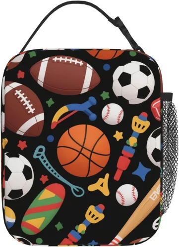 Vista 2 de Bolsa de almuerzo divertida para niños con pelotas deportivas, bolsa reutilizable para baloncesto, fútbol, fútbol americano y béisbol, lonchera