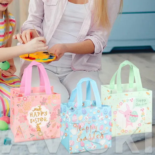 Vista 6 de Aviski 12 bolsas de caza de huevos de Pascua feliz, bolsa de regalo de huevo de zanahoria con asas, bolsas de regalo de Pascua, envoltura de regalos