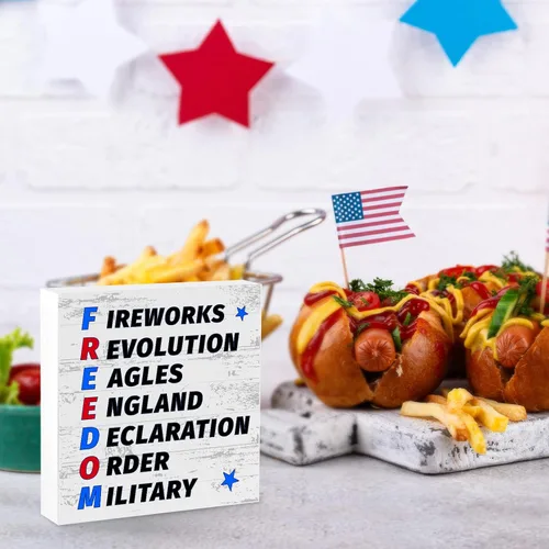 Vista 4 de Letrero patriótico de escritorio con texto en inglés «Happy 4th of July » Fuegos artificiales, Revolución, Águilas, Inglaterra, Declaración
