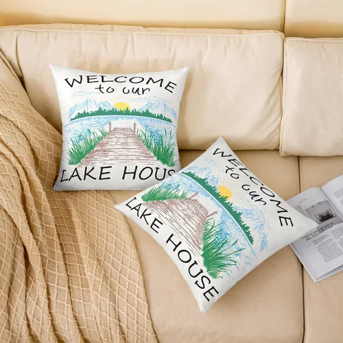 Vista 2 de Lake House - Fundas de cojín dibujadas a mano con paisaje de lago y montaña para niñas, niños y adultos, decoración de sofá, decoración rústica