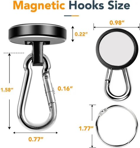 Vista 2 de MIKEDE Paquete de 6 ganchos magnéticos fuertes, ganchos magnéticos de neodimio de 70 libras de fuerza de tracción con mosquetón giratorio para Negro