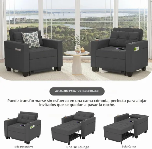 Vista 4 de DURASPACE Silla de dormir de 39 pulgadas, silla convertible 3 en 1, cama, silla de cama extraíble, sillón individual, ajustable con puertos USB