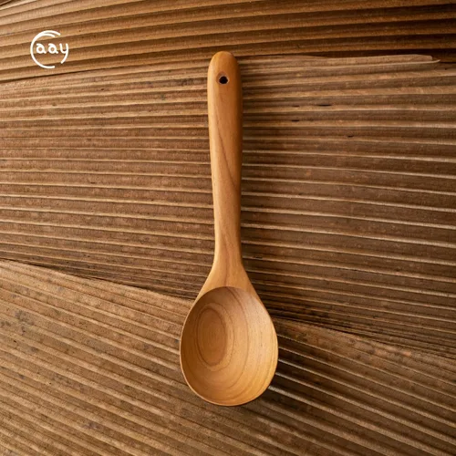 Vista 5 de FAAY Cuchara grande de 12 pulgadas, cabeza ancha, fácil para cocinar y servir. Hecho a mano de madera de teca dorada de alta resistencia a