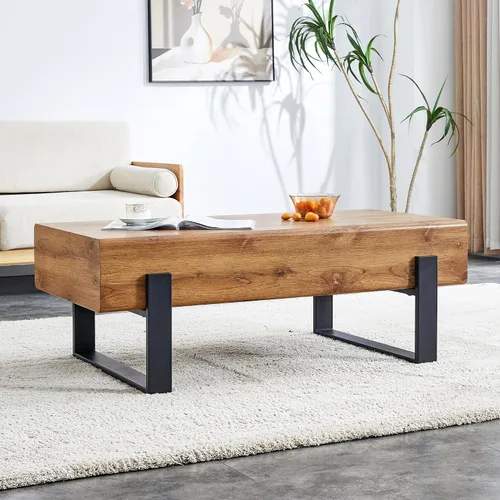 Vista 3 de Mesa de centro de madera, mesa central rectangular de 47.2 pulgadas con escritorio de MDF y patas de metal, moderna mesa de té de madera maciza