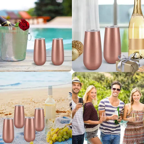 Vista 5 de Paquete de 2 vasos de champán sin tallo, vaso de flauta aislado de 6 onzas, vasos irrompibles de doble aislamiento para amigos, cumpleaños, Navidad