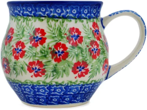 Vista 13 de Auténtica taza de burbujas de cerámica polaca de 13 onzas en diseño amarillo hecho a mano en Bolesławiec Polonia por Ceramika Bona + certificado