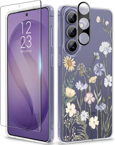 Vista 17 de GVIEWIN Funda protectora para Samsung Galaxy S25, transparente floral, delgada, a prueba de golpes, para mujer, no se pone amarilla, con protector