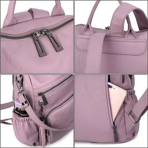 Vista 4 de UTO Mochila de cuero vegano para mujer, diseño de moda, convertible con borla, para viajes, con borla