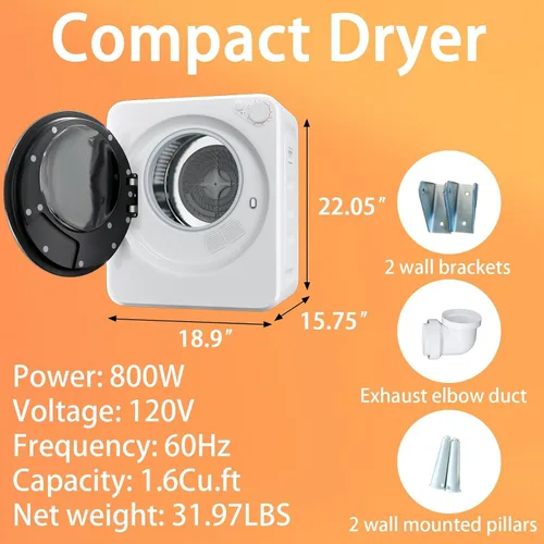 Vista 2 de Secadora de ropa portátil de 1.5 pies cúbicos, secadora de lavandería de carga frontal de secado rápido de 800W con 5 modos, mini secadora eléctrica
