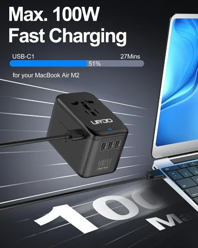 Vista 2 de Adaptador de viaje universal GaN de 100 W, 5 puertos USB C/A + salida GaN 100W-Negro+Blanco