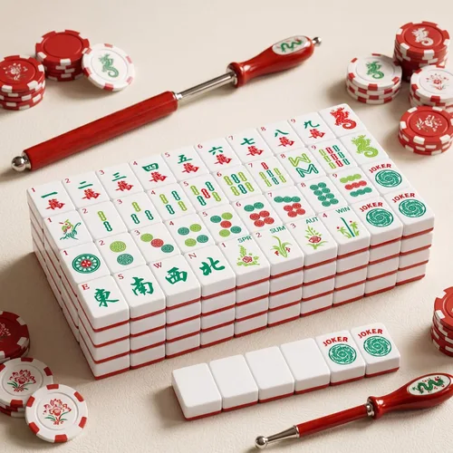 Vista 4 de Juego de 166 azulejos Mahjong grabados, 1.2 pulgadas, rojo
